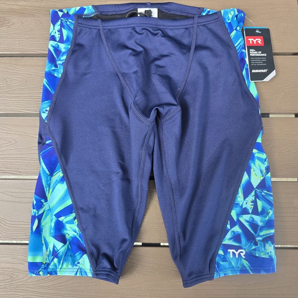 TYR Durafast Elite Men's Blue/green Crystallized Blade Swim Jammer SZ 34 New